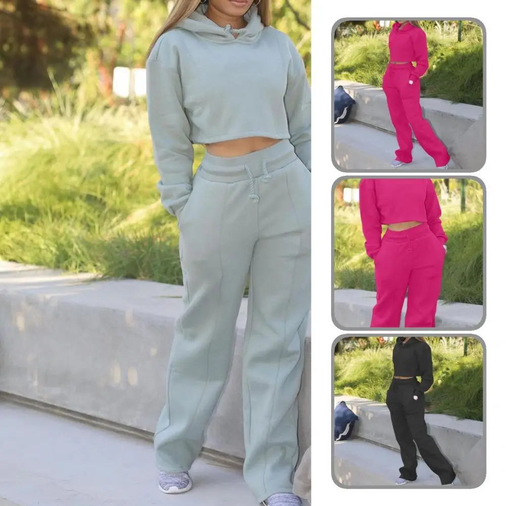 Autumn Winter Tracksuit Women Two Piece Set Solid Hoodies Sweatshirt Crop Top Pants Sport Jogger Suit For Female Casual Outfits