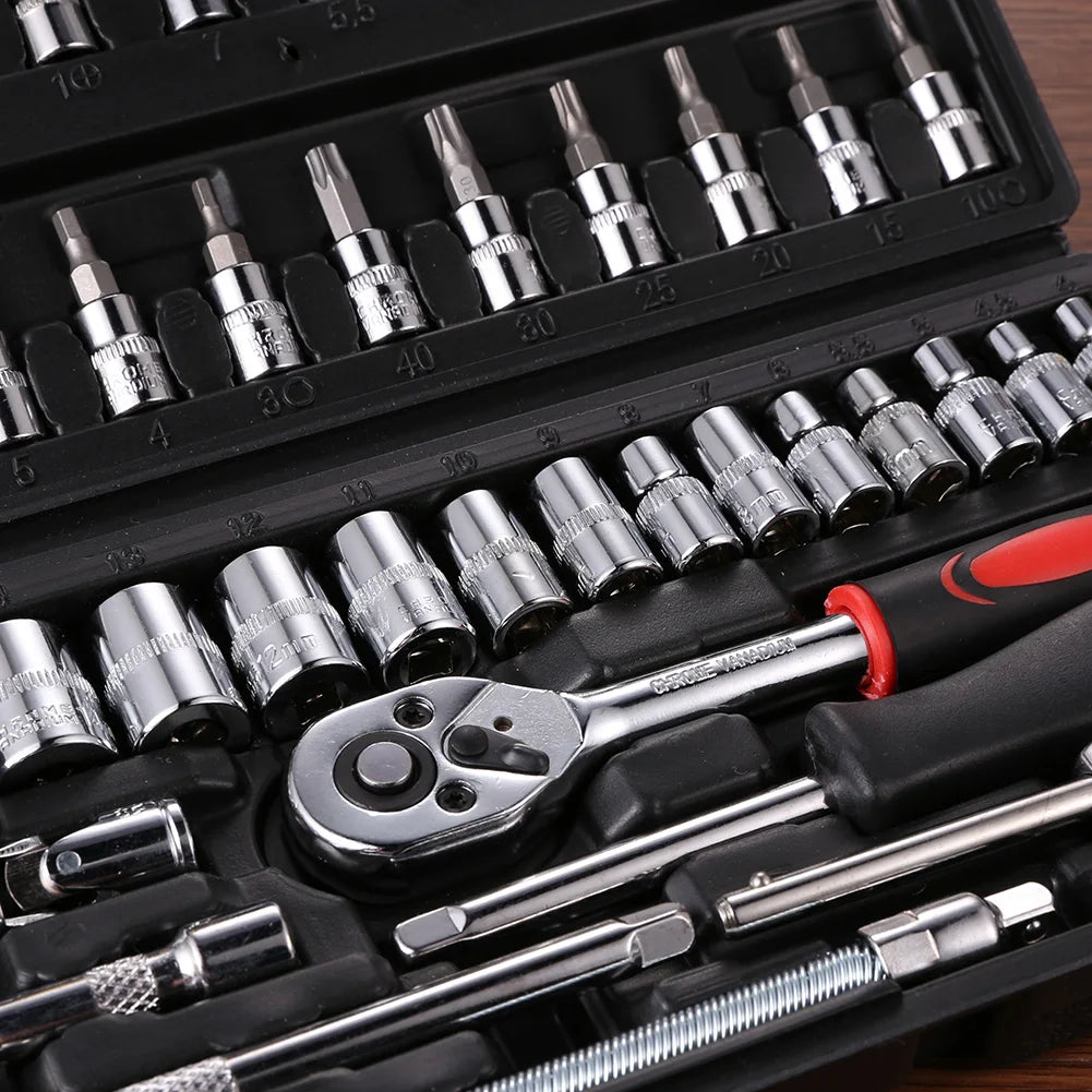 46Pcs Wrench 1/4 Inch Drive Socket Ratchet Wrench Set, With Bit Socket Metric And Extension Bar For Auto Car Repairing Tools