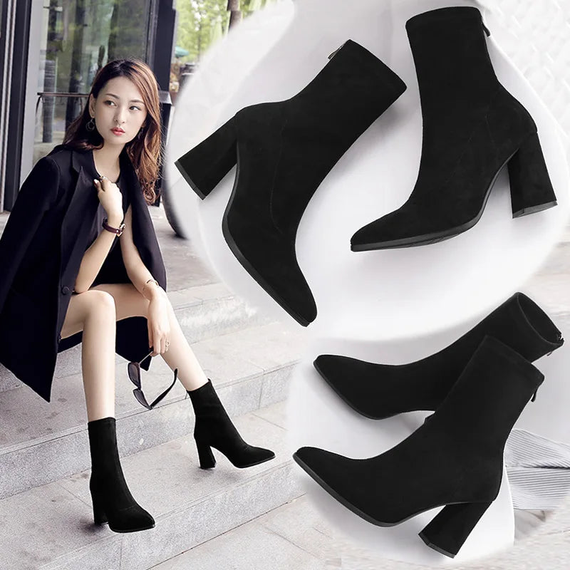 Ankle Chunky High Heel Sock Chelsea Boots Women Autumn Fashion Pointed Frosted Suede Short Boots Female Pumps Sexy Warm Boots