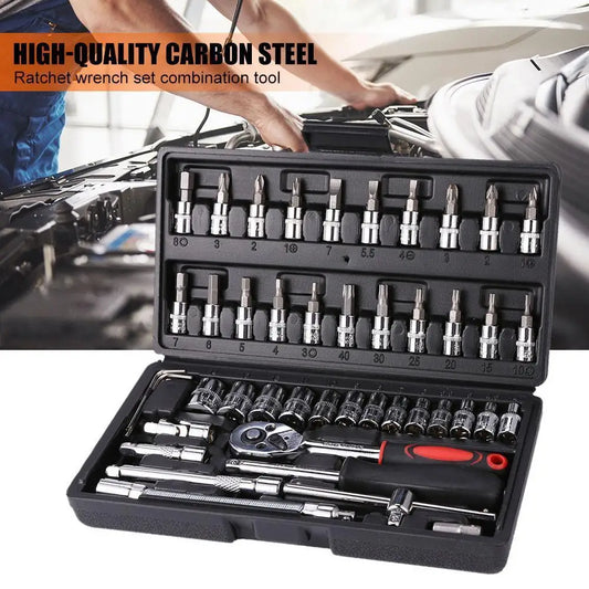 46Pcs Wrench 1/4 Inch Drive Socket Ratchet Wrench Set, With Bit Socket Metric And Extension Bar For Auto Car Repairing Tools