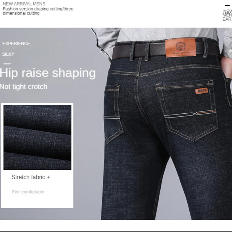 2023 New Men's Stretch Fit  Jeans Busine Business Fashion Soft Denim Trousers Male Brand  Pants Black Blue