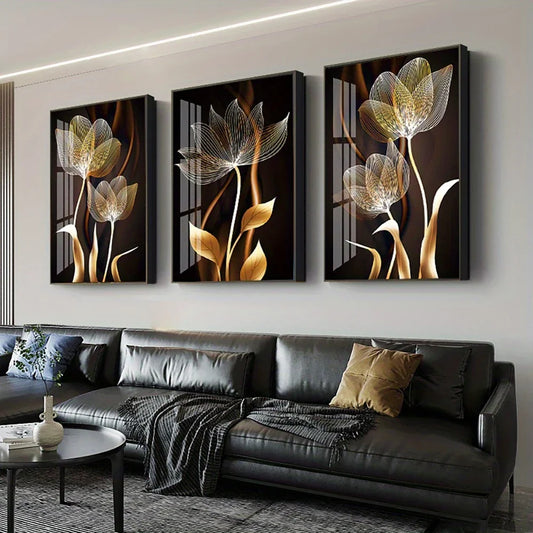 3PCS Black and Golden Flower Wall Art Canvas Painting for Living Room Decor Modern Abstract Posters Home Decor