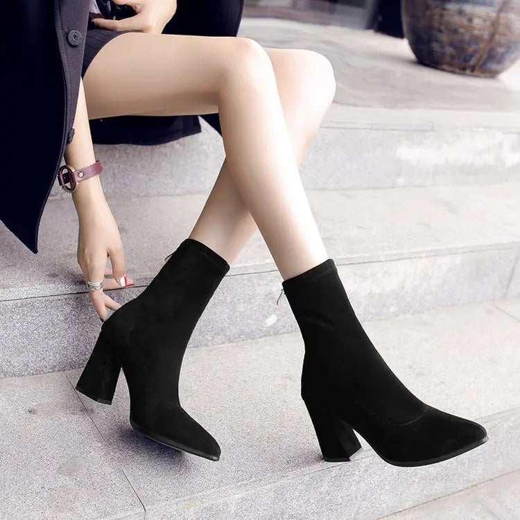 Ankle Chunky High Heel Sock Chelsea Boots Women Autumn Fashion Pointed Frosted Suede Short Boots Female Pumps Sexy Warm Boots